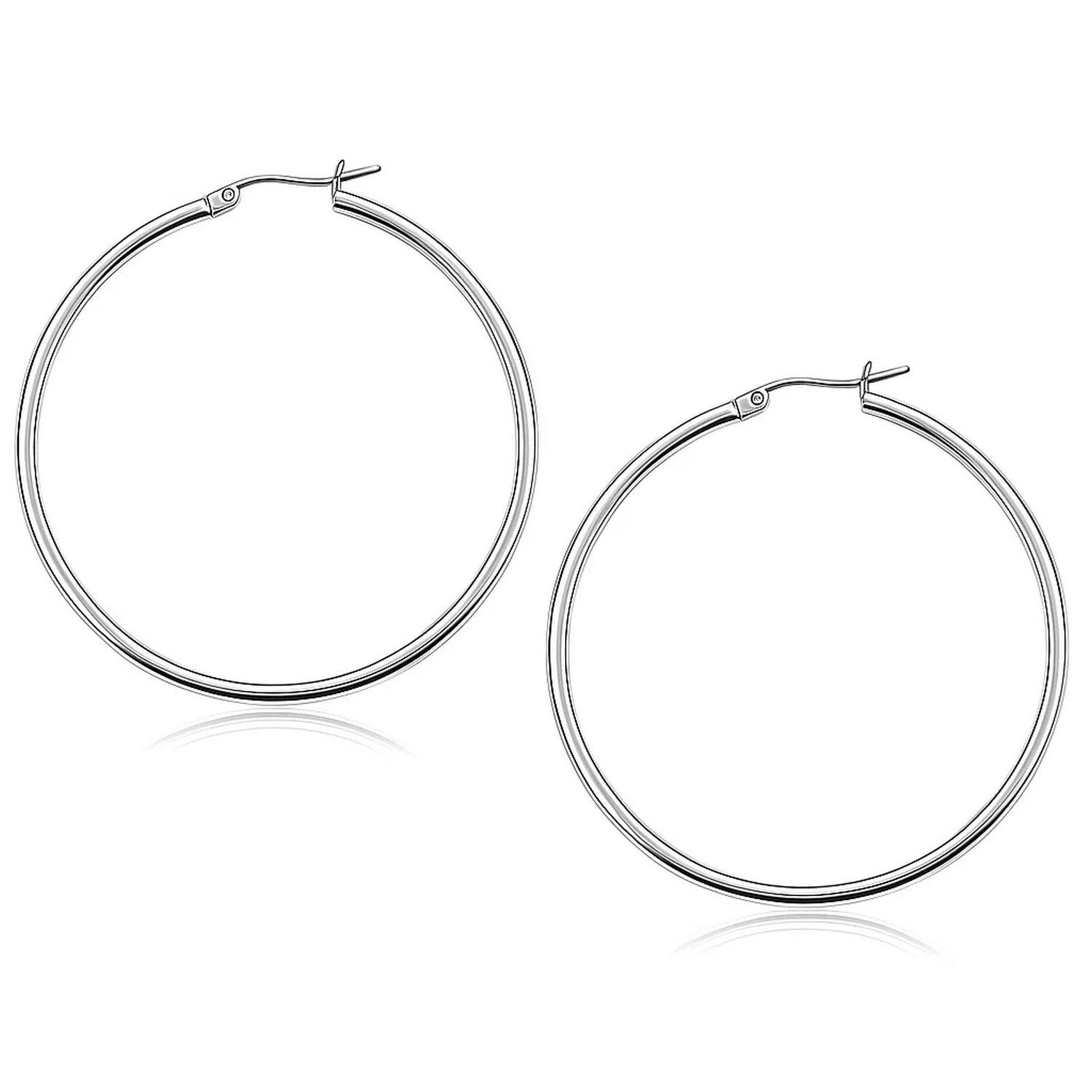10k White Gold Polished Hoop Earrings (2x50mm) in a sleek high-contrast midnight luxury editorial style
